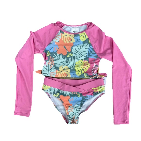 NWT Roxy Rash Guard Bikini Swimsuit Girls 10 Long Sleeve Pink Palm Print UPF 50+ - Picture 1 of 9